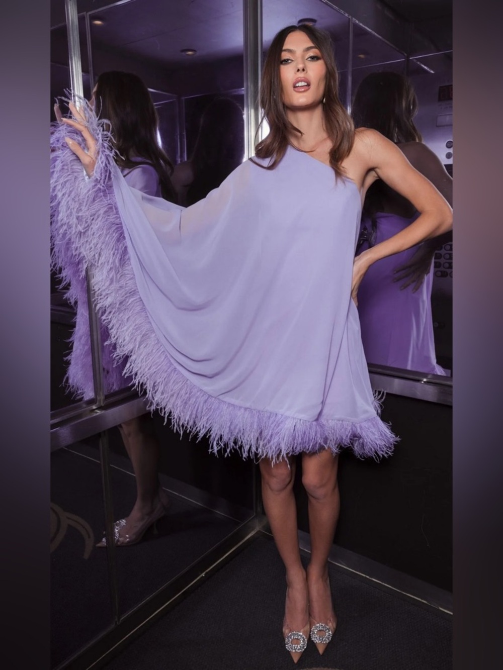 MAC DUGGAL
One Shoulder Trapeze Dress with Feather Trim Size 4